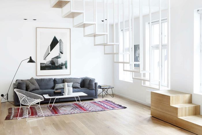 példa egy gyönyörű minimalista nappali belső térre