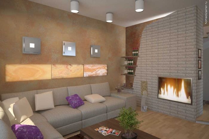 مثال على التصميم المشرق لغرفة المعيشة مع مدفأة