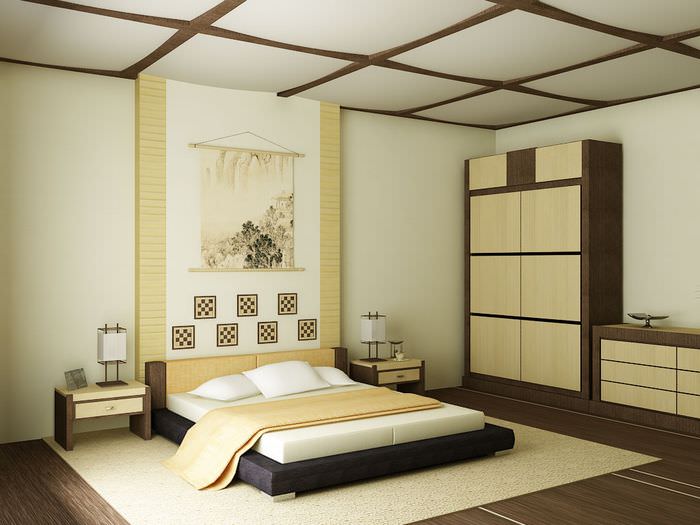 Nízká postel v ložnici v japonském stylu