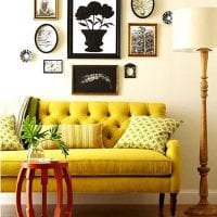 gyönyörű nappali kialakítás mustár színű fotón
