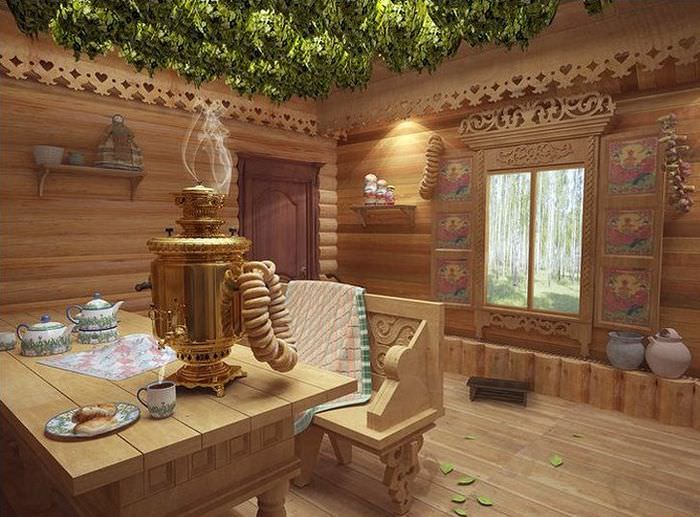 Вътрешна декорация на стаята за почивка в руската баня