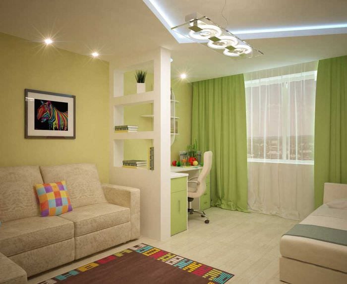 idee de design luminos al unui living al unui dormitor de 20 mp