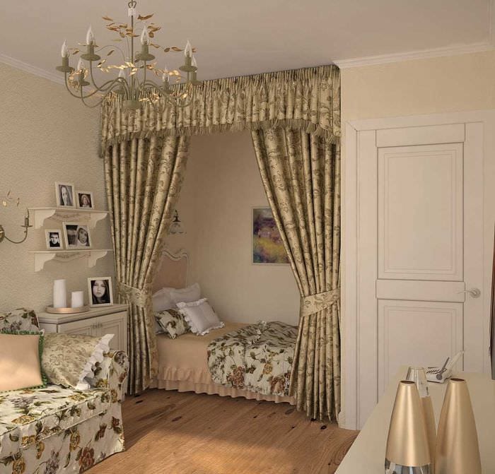 opțiunea unui design luminos al unui dormitor dintr-o cameră de zi de 20 mp