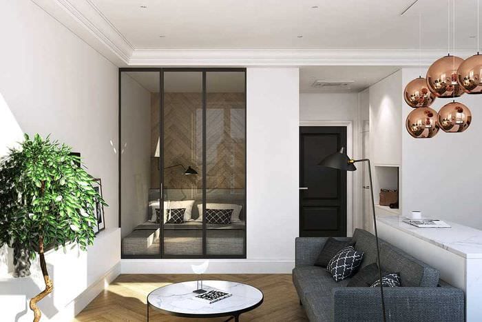 myšlenka světlého stylu obývací pokoj ložnice 20 m2