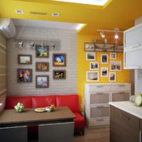 Keltainen väri keittiö-olohuoneen sisustuksessa