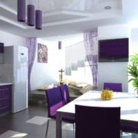 design kuchyně s oknem v lila barvě