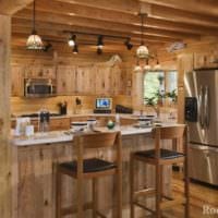ένα παράδειγμα φωτεινού εσωτερικού χώρου κουζίνας σε μια ξύλινη εικόνα σπιτιού
