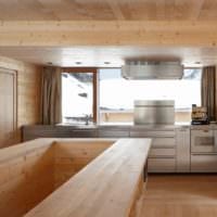 η ιδέα του ελαφρού σχεδιασμού της κουζίνας σε μια ξύλινη εικόνα σπιτιού