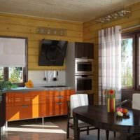 ένα παράδειγμα ενός όμορφου σχεδιασμού κουζίνας σε μια ξύλινη εικόνα σπιτιού