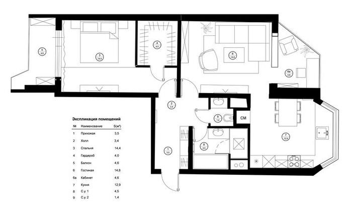 Plán dvoupokojového bytu v budově 44t s uspořádáním nábytku