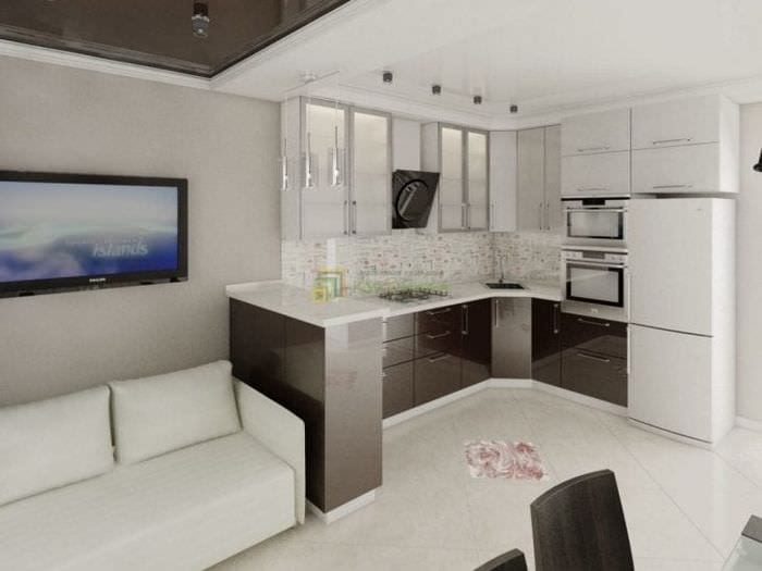 Foto av designet av en fasjonabel kjøkken-stue i hvitt