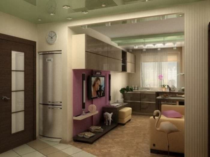 Interiør i et lite kjøkken-stue i lys rosa
