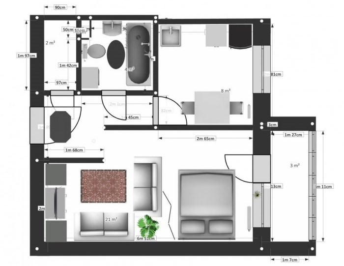تصميم شقة من غرفة واحدة بمساحة 37 مترًا مربعًا مع تقسيم الغرفة إلى مناطق
