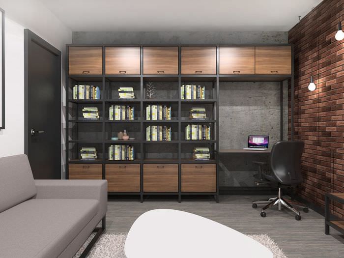 Knižnica v dizajne jednoizbového bytu v panelovom dome série p44t