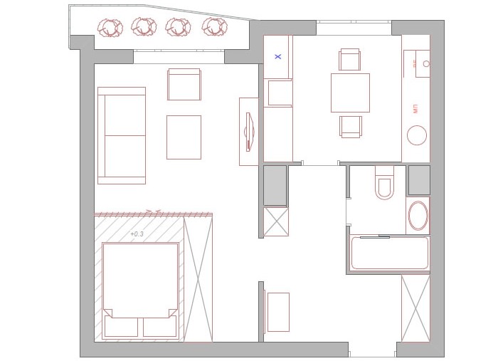Prestavba miestnosti jednoizbového bytu s pridelením priestoru na spanie