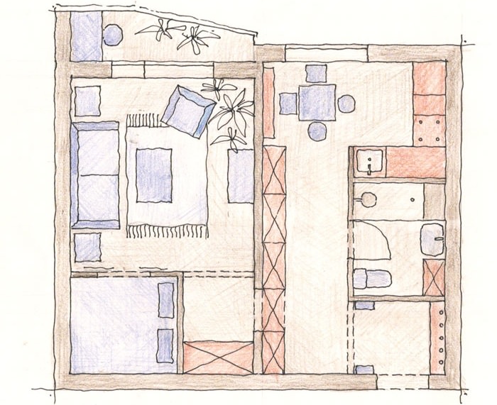 Dispozičné riešenie jednoizbového bytu pre dve osoby