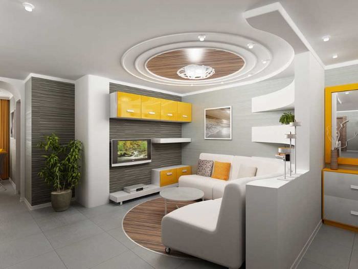 Složitý strop ze sádrokartonu v designu obývacího pokoje