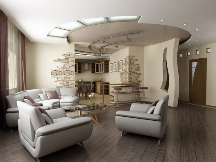 Krásná kombinace strečového a sádrokartonového stropu v moderním obývacím pokoji