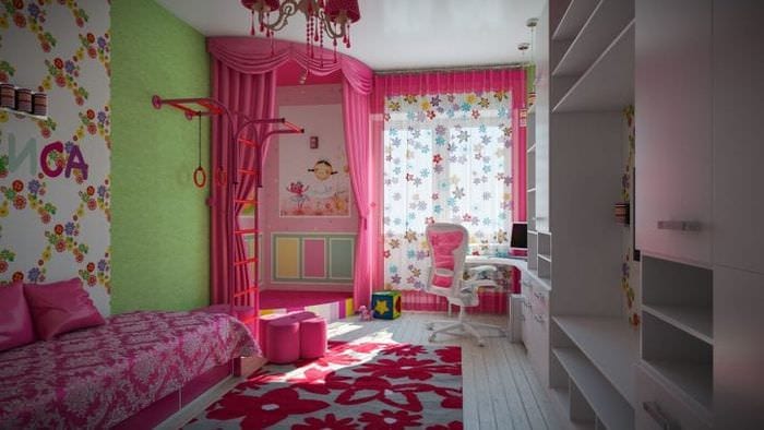 Design tapety do dětského pokoje pro dívky s jasně červenými akcenty