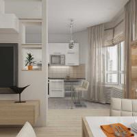 Kök-vardagsrumsdesign i en tre-rumslägenhet