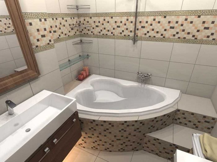 idé för en ovanlig badrumsdesign med ett hörnbadkar