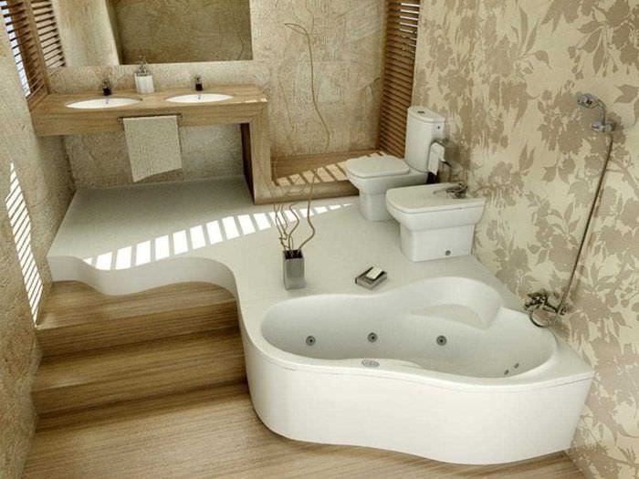 variant av en ovanlig design av ett badrum med hörnbadkar