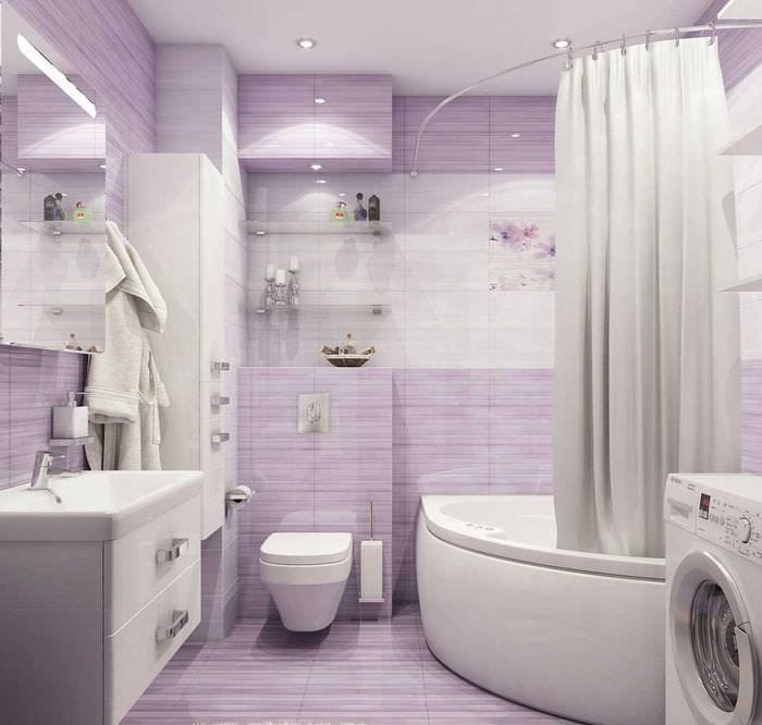 הרעיון של עיצוב חדר אמבטיה בהיר עם אמבט פינתי