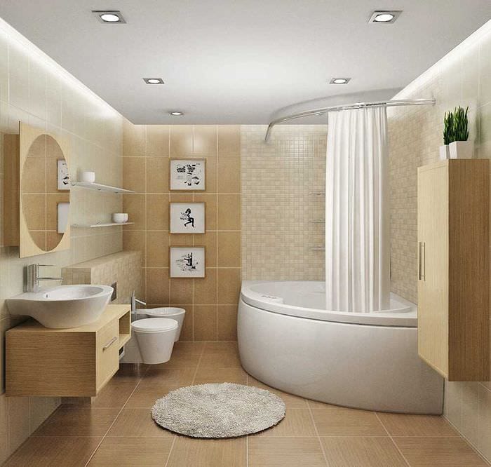 רעיון של סגנון יוצא דופן של חדר אמבטיה עם אמבטיה פינתית