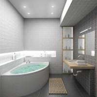 ajatus modernista kylpyhuoneen sisustuksesta, jossa on kulmakylpykuva