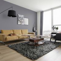 Grå vägg i vardagsrummet med ett minimum av möbler