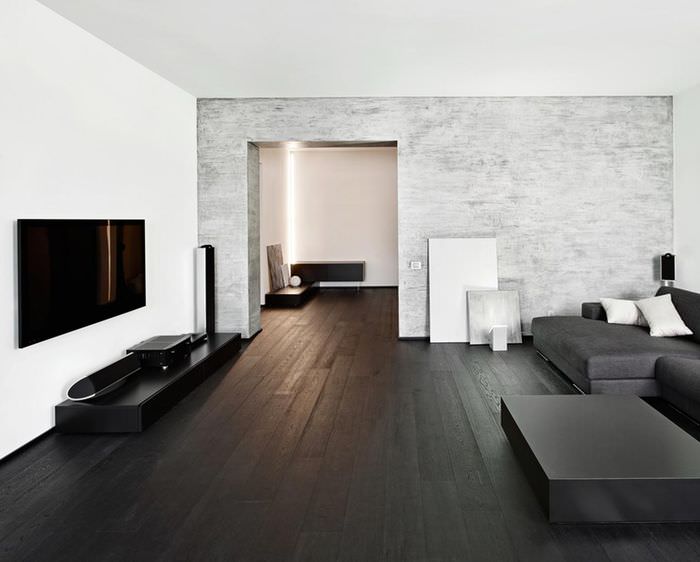 Tmavá drevená podlaha v interiéri haly v štýle minimalizmu
