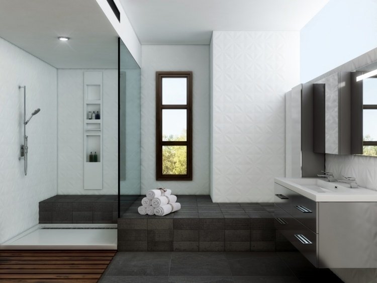 walk-in-shower-sort-hvid-vindue-brusekabine-glas væg-håndvask-spejl kabinet-moderne-højglans-flise-struktur