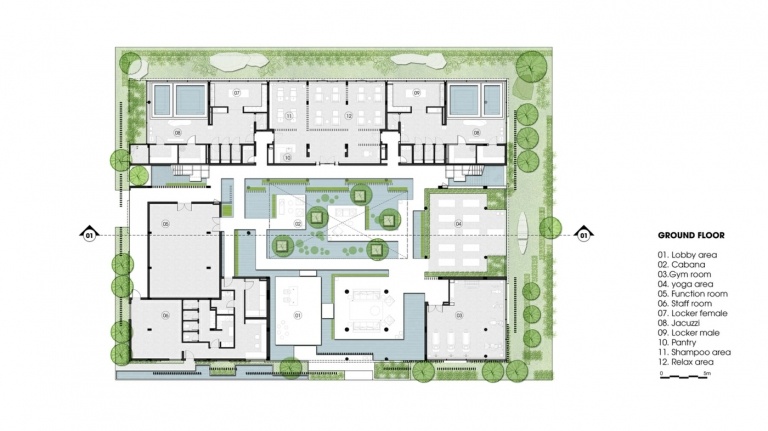 Stueetagen plan med indre gårdhave og forskellige værelser