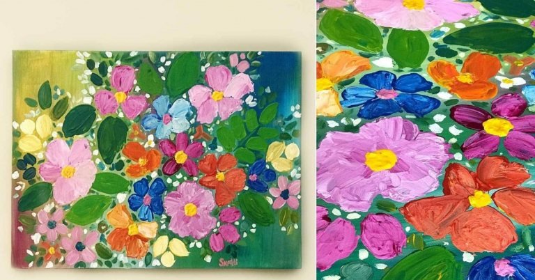 Farverige blomster som malerideer med en spatel og pensel på et lærred af enhver størrelse