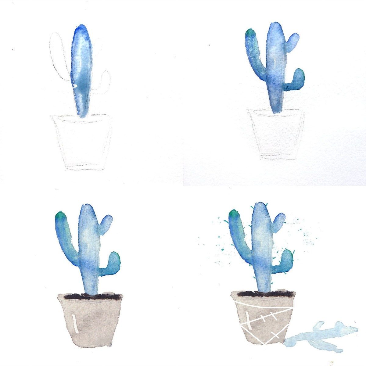 Idé til en blå kaktus lavet af vandmaling i enkle trin