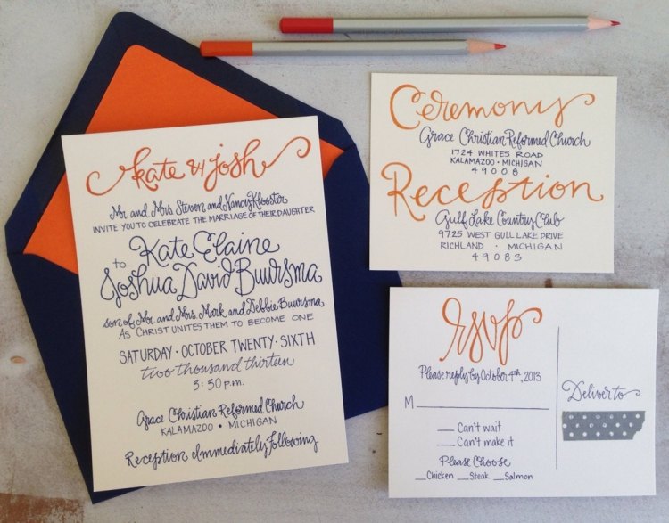 invitation-kort-til-brylluppet-efter-brev-håndskrift-orange-mørke-blå-interessant