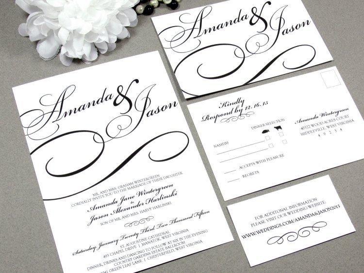 Bryllupsinvitationskort -hvid-sort-script-klassisk-enkel-smuk