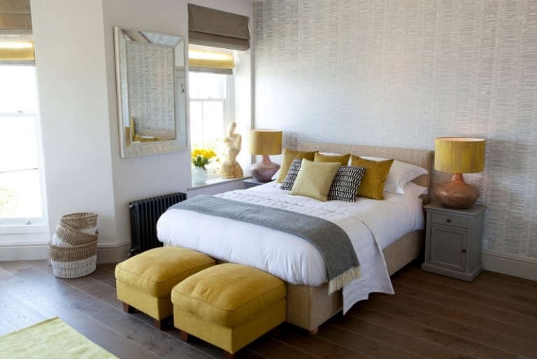 Møblering-grå-gul-farve-design-soveværelse-ideer