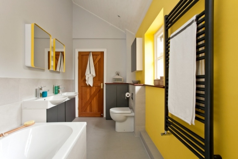 Møblering-grå-gul-væg design-ideer-badekar