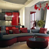 Červená barva v designu obývacího pokoje v kuchyni