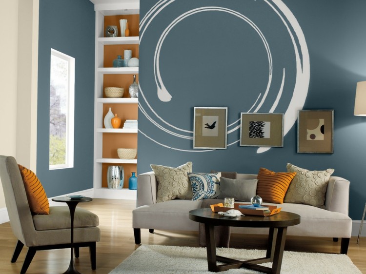 Farve stue orange væg blå vægmaling cirkelmotiver