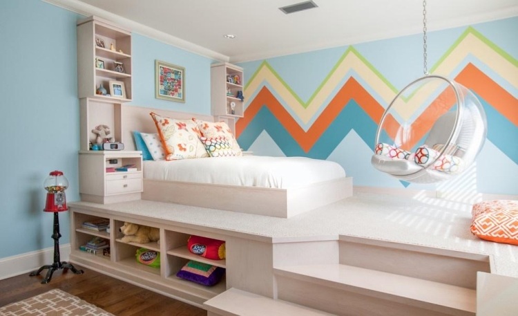børneværelse-farver-lyseblå-væg-dekoration-chevron-mønster-orange