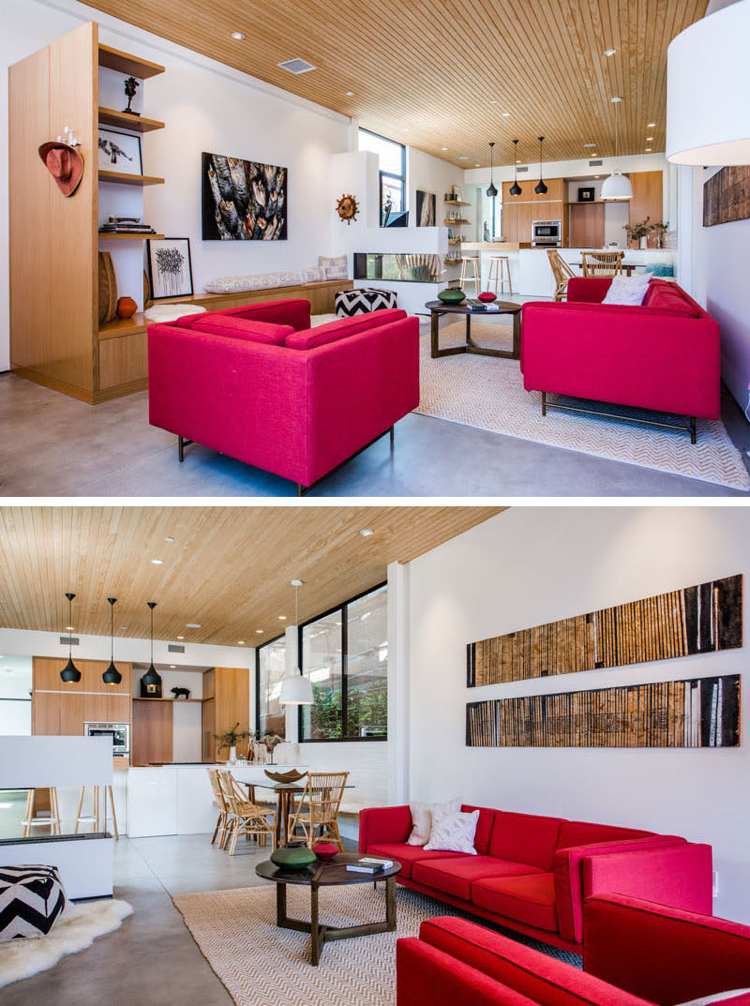 lyst-interiør-træ-loft-moderne-møbler-rød-lænestol-sofa