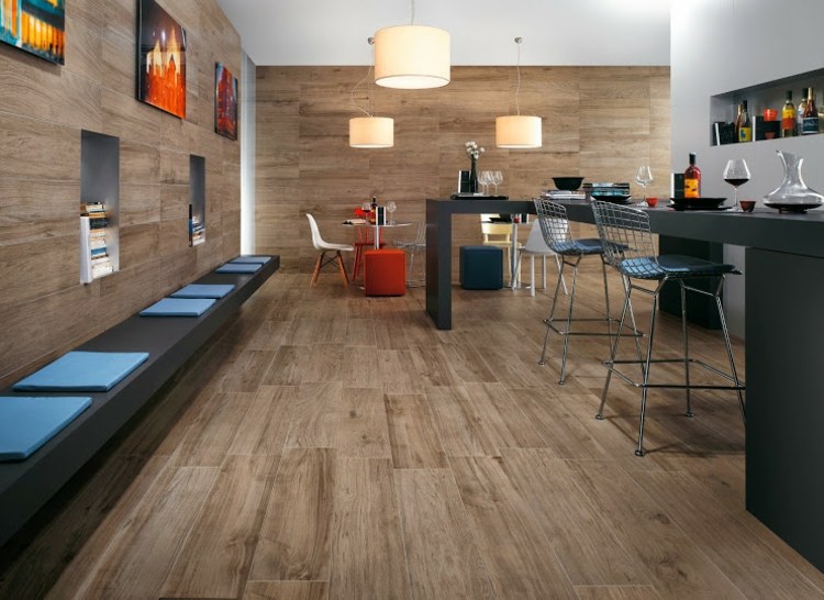 Flise træ look stue / køkken spisestue ideer moderne gulvlægning