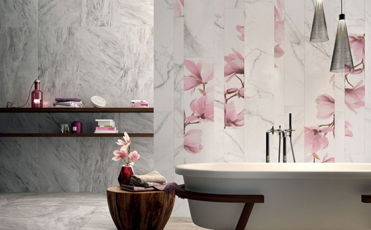 fliser sten ser suveræn luksus marmor hvide blomster motiver romantik badeværelse