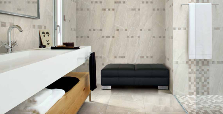 sten look fliser flint mosaik mønster idé interiør badeværelse skammel sort