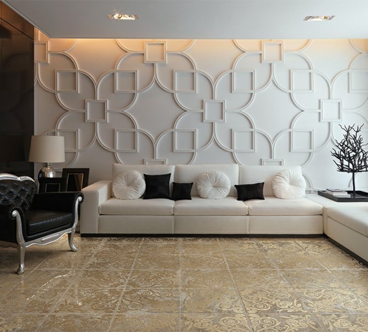 sten look fliser dynasti mønster guld væg design idé sofa hvid