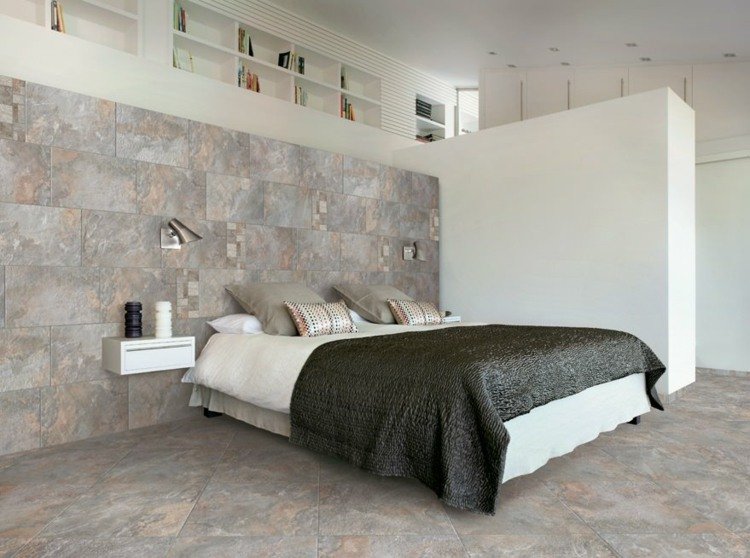 fliser sten look rok grå design soveværelse seng vægbeklædning