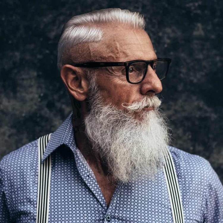trendy frisurer til ældre mænd med gråt hår og skæg