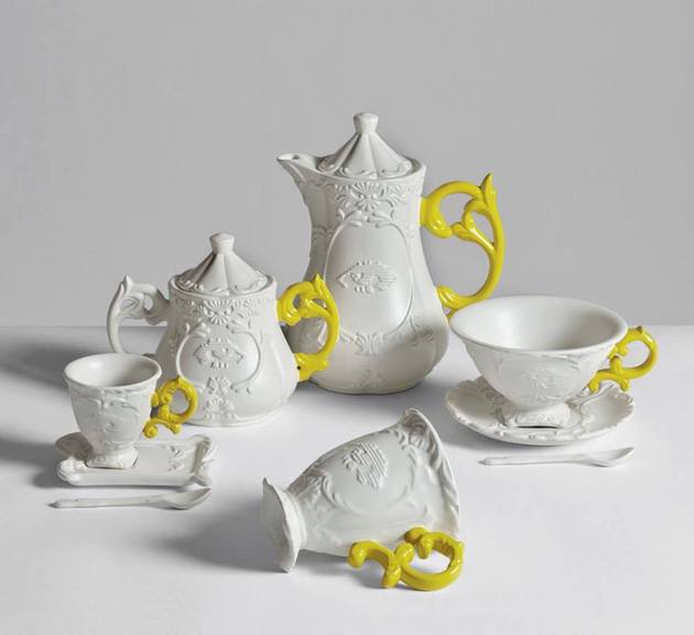 porcelæn te sæt i-wares seletti hvide kopper tekande gule håndtag